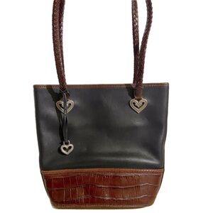 Brighton Classic Bucket Shoulder Bag Tote Black Leather/Croc Print Western 10X12